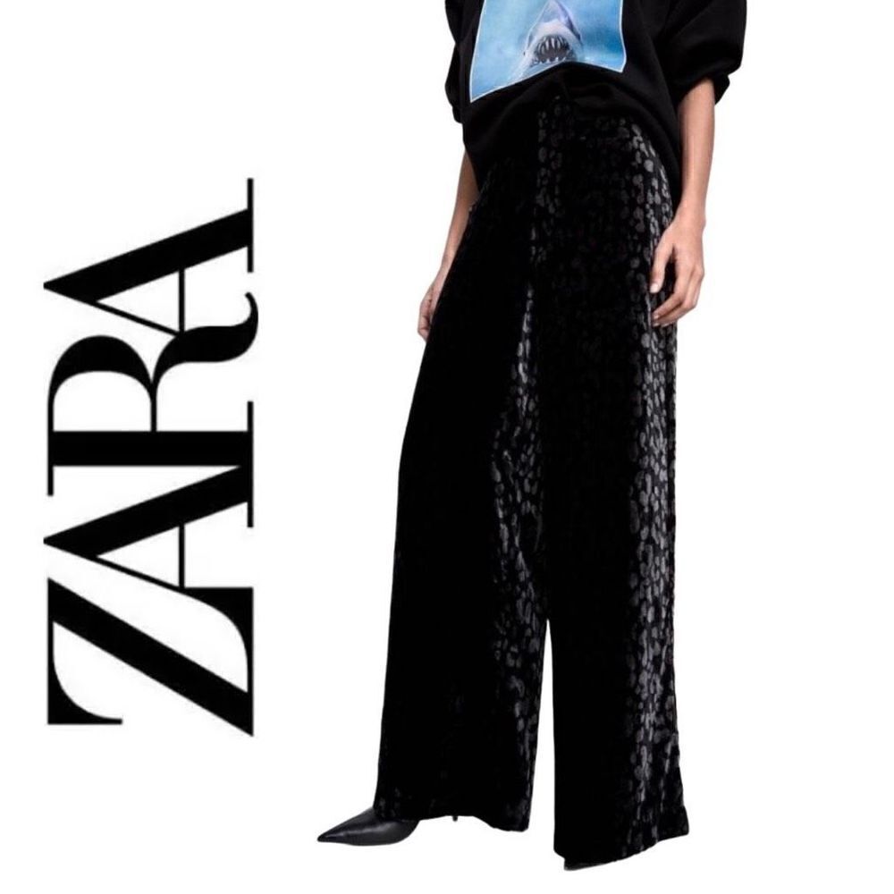ZARA TRAFALUC Black Animal Print Velvet Wide Leg Pants S